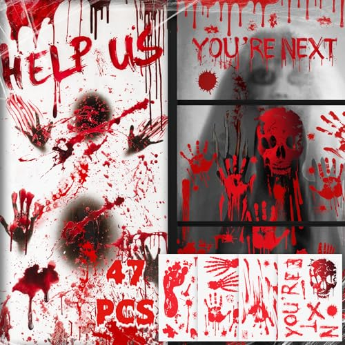 Halloween Deko Innen Fensterbilder Sticker, Halloween Fensterdeko GroßE HaustüR Deko Gruselig Fenster, Halloween Deko Outdoor Wall TüR Blut HandabdrüCke FußAbdrüCke Horror Aufkleber Party Accessoires