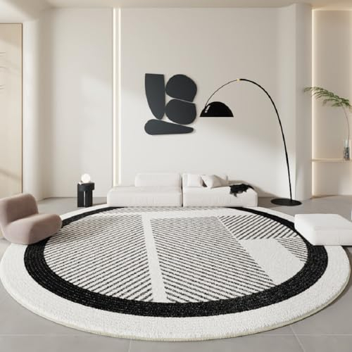 SASIGAYA Teppich Rund 100cm Schwarz-Weiß-Linien Vintage Einfach Teppiche Flauschig Kurzflor Teppich Weich rutschfest Abriebfester Waschbar Teppiche Dekorative für Wohnzimmer Schlafzimmer Kinderzimmer