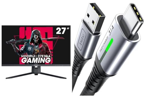 KOORUI 27 Inch QHD Gaming Monitor 144 Hz, 1ms, DCI-P3 90% Color Gamut, Compatible FreeSync & INIU USB C Charger Cable 2m 3.1A Type C Cable Fast Charging, Braided USB A to USB-C Phone Charger