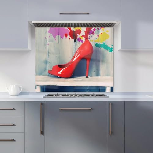Warren Reed - Designer Premium Retro Red Shoes Kitchen Splashback 6mm Toughened Glass Kitchen Splashback – Heat Resistant Splashback for Kitchens, Perfect for Cookers and Hobs, Polished Edges
