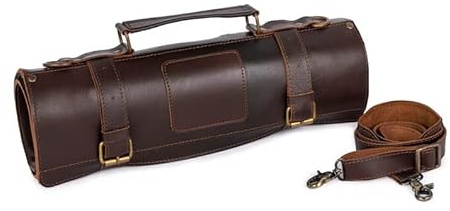 Leather Chef Knife Roll Bag, Professional Kitchen Knife Holder, Durable Leather Tool Roll Organizer Case, Travel Chef Knife Bag, Birthday Gift for Chef (Dark Brown, 10 Pockets)
