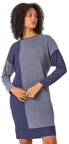 Roman Originals Knitted Jumper Dress for Women UK - Ladies Colour Block Winter Autumn Smart Casual Office Bodycon Workwear Everyday Long Sleeve Knee Length Knit Pocket - Blue Light Blue - Size 10