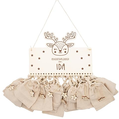 Kidsmood Personalisierter Adventskalender zum Befüllen aus Holz - Rentier | Adventskalender 2026, Weihnachtsdeko aus Holz, Weihnachtskalender zum Befüllen mit Tüten für Geschenke Mädchen & Jungen