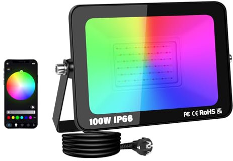 AUXTINGS Projecteur RGB Extérieur 100W, Spot de Couleur avec Application Bluetooth et Télécommande, IP66 Étanche Floodlight LED Changeant de Couleur, Lumière Led pour Jardins, Patios, Christmas