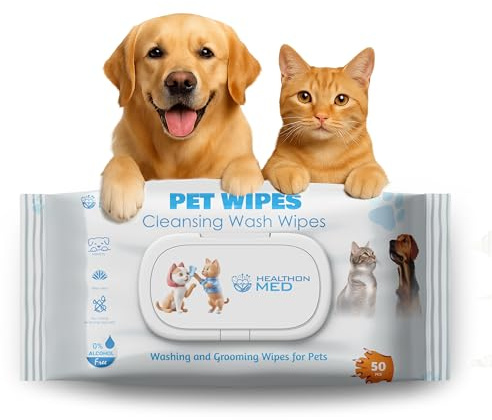 HEALTHON MED Premium Pet Wipes for Dogs & Cats – Extra Thick Cleansing Wipes, Aloe Vera, Hypoallergenic, No Rinse – 2 Pack (100 Count Total)