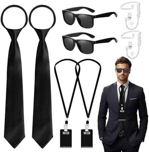 Glirop 12 Stück Agent Kostüm Zubehör, Geheimdienst Spion Kostüm Set, Men in Black Kostüm mit Sonnenbrille, Krawatte, Ohrhörer, Ausweis Kartenhalter für Kinder Jugendliche Erwachsene Halloween Cosplay