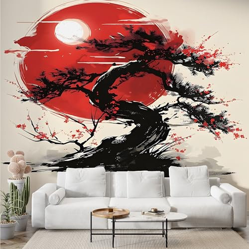 Boceoey Papier Peint Panoramique Japonais Arbre - Papier Peint Intissé Autocollant - Fleurs De Cerisier Floral Décoration Murale - Adhésif Mural pour Salon Chambre, 150x100 cm - N-548