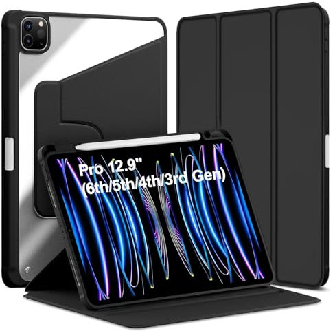 World biz Rotating Case for iPad Pro 12.9 inch (2022/2021/2020/2018, 6th/5th/4th/3rd Gen) with Pencil Holder, 360 Degree Rotation Protective Trifold Stand Cover Clear, Auto Wake/Sleep (Black)
