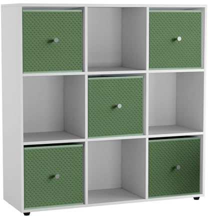 URBNLIVING 9 Cube Storage Unit with 5 Foldable Fabric Drawers, Wooden Freestanding Bookcase Shelf Organiser, Modern Cube Shelving for Bedroom, Office, Living Room, Toys, Clothes & Books