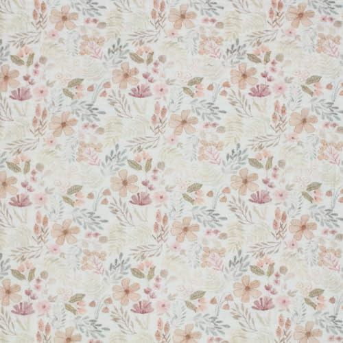 Musselin Stoff 100% Baumwolle | verschiedene Designs | Leo Eiscreme Tiermotive | ca. 135 cm breit | 130 g/m² | Meterware ab 50 cm (Waldpflanzen, beige)