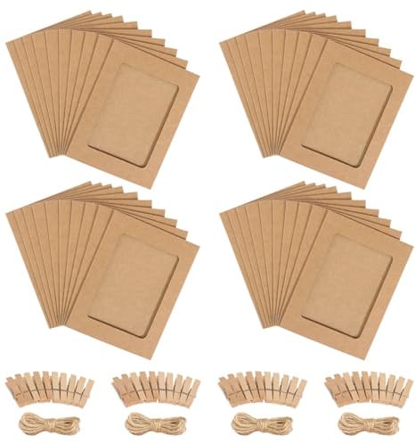 Fotogirlande 40 Stück Foto Girlande Papier Bilderrahmen Kraftpapier 10x15 Fotorahmen mit 40 Stück Holzklammern 4 Hanfseil 6 Zoll Fotos Aufhängen für Geburtstag Hochzeit Party (Kraftpapierfarbe)