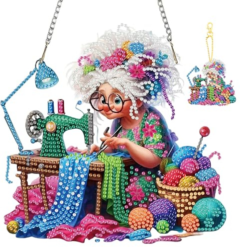 Jawecci Sewing Machine Diamond Art Hanging and Key Chains Pendants Boards, Special Shaped Grandma Diamond Painting Hanging Sign, Double-Sided Ornaments for Window Door Decor