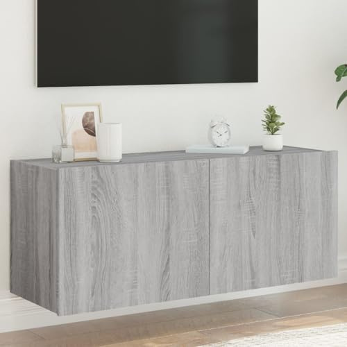 QJBSAVVA TV Lowboard mit RGB LED Beleuchtung Grau Sonoma Holzwerkstoff 100x35x41 cm Modernes Wand Sideboard für Wohnzimmer Flur Schlafzimmer