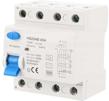 HISUEKIG Disjoncteur Différentiel Électriques 30ma, Type B 4P 40A Interrupteur Différentiel Protecteur de Courant de Repos pour Système D'onduleur Photovoltaïque, 50/60 Hz, 10 KA