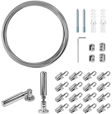 Vunanvu 5 m Gardinenseil Vorhang Drahtseil Spanner Gardinenstange mit 24 Metall Clips Haken Seilspanner Edelstahl Gardinen Seilsystem Spannsystem Seilspanngarnitur Stahlseil Spannseil für Foto-Draht