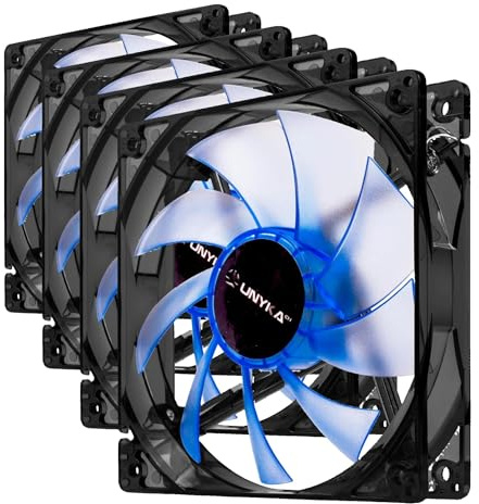 UNYKAch Ventilador Ordenador de 120 mm, Silencioso, con Luces Led en Color Azul, 1200 RPM, Conexión de 3 Pines, 9 Aspas (Paquete de 4)