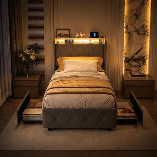 Polsterbett Jugendbett 90x200 mit 2 Schubladen, LED Einzelbett 90x200 mit Staufach-Kopfteil und USB-Anschlüssen, Gästebett Funktionsbett Bettgestell mit Lattenrost,Samt(ohne Matratze)