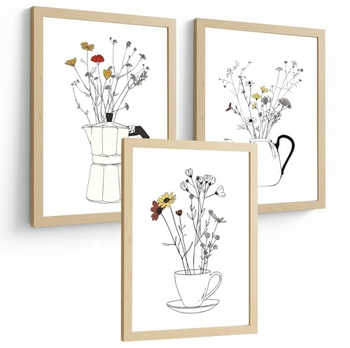 Nacnic 3Er Set Blumen In Kaffeekanne Wandbilder Mokkakanne Teekanne Tasse Strichzeichnung Küche Deko A4 Rahmenlos