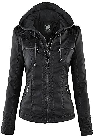 LL WJC663 Women’s Faux Leather Moto Biker Jacket with Removable Hood – Lightweight Zip-Up Coat with Pockets for Fall and Winter M Black