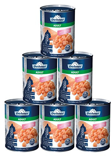 Dehner Premium Katzenfutter, Nassfutter getreidefrei, für ausgewachsene Katzen, Lachs, 6 x 400 g Dose (2.4 kg)