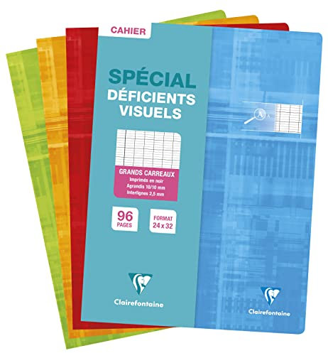 Clairefontaine 63396C Un Cahier Agrafé Déficients Visuels - 24x32 cm - 96 Pages Grands Carreaux Noirs 2,5 mm Agrandis 10/10 - Papier Blanc 90 g - Couverture Carte Pelliculée - Couleur Aléatoire