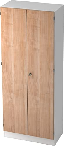bümö Office Kleiderschrank Holz abschließbar mit Spiegel, Büroschrank 80 cm breit in Weiß/Nussbaum - Flur Schrank als Garderobe für Jacken, Taschen & Co. im Arbeitszimmer - Büro Schrank