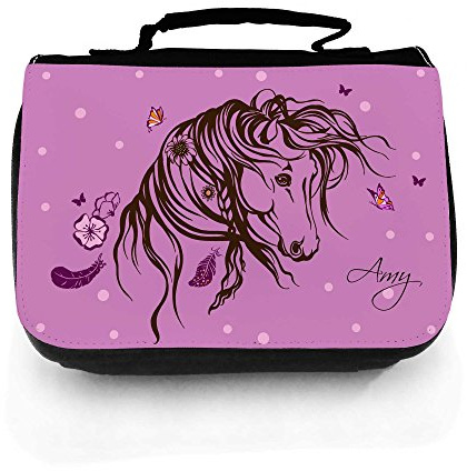 Waschtasche Waschbeutel Kulturbeutel Kosmetiktasche Reisewaschtasche Pferd Wildpferd mit Blumen Federn Sternen Schmetterlingen und Wunschnamen wt128