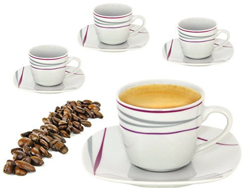 Van Well 4er Set Espressotassen 110ml mit Unterteller I Geschirr-Set für 4 Personen Gastronomie Qualität I Espresso Tassen edel mit Henkel I Markenporzellan Geschirrset 8 teilig - Dekor Caviano