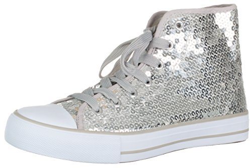 Brandsseller Damen Sneaker mit Pailletten und Glitzer - halbhoch mit Schnürsenkeln modisch bequem für Alltag & Party – Silber