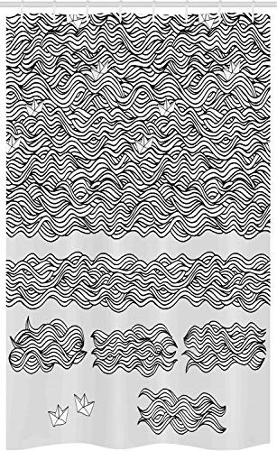 ABAKUHAUS Vintage Boat Schmaler Duschvorhang, Flüchtiges gewelltes Meer, Badezimmer Deko Set aus Stoff mit Haken, 120 x 180 cm, Schwarz Weiß Hellgrau