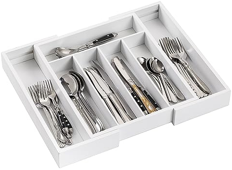 Vencier Cutlery Tray for Drawer - Bamboo Adjustable Cutlery Organiser Tray - Bamboo Cutlery Tray 5 to 7 Compartments (White)