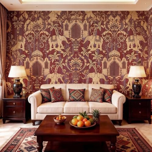 prior.choice 10X0.53M Indian Elephant Temple Taj Mahal 4 Colors Waterproof Embossed Textured PVC Wallpaper Roll for Bedroom Livingroom 1.73' W x 32.8' L=5.3㎡ (57sq.ft) (Burgundy)