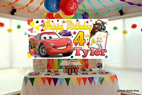 PERSONALISED Cars Birthday Party Banner Large 4ftx2ft Photo Party Decorations Any Name Age first 1st 2nd 3rd 4th 5th 6th 7th 8th 9th Boys (with PHOTO)