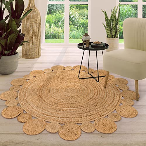TT Home Jute Teppich Rund Wohnzimmer Esszimmer Boho Modern Handgemacht Mit Umrandung, Farbe: Natur, Größe:80 cm Rund