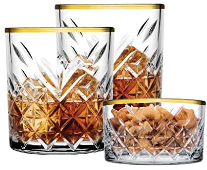 Pasabahce 96818 Timeless Golden Touch 3-teiliges Set | 2 Whiskygläser & 1 Schale | Kristall-Design im Retro Look | Elegant, robust & langlebig | ideal für Whisky, Snacks & Desserts