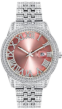 ICEDIAMOND Mode eisige rosa römische Zifferblatt-Armbanduhr, vereistes volles simuliertes Diamant-Wasserdicht-leuchtendes Paaruhr-Armband