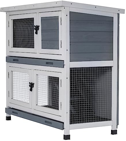 2 Story Solid Wood Rabbit/Bunny Hutch with 2 Large Main Rooms, Indoor Outdoor Rabbit House Guinea Pig Cage Pet House for Small Animals with Ventilation Door Removable Tray Waterproof Roof (Grey)