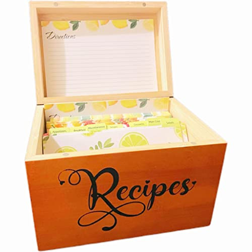Lumicook Rezeptbox mit Karten und Trennwänden | Rezeptkartenbox Kunstledergriff | 120 Rezeptkarten und Box-Set | Rezeptbox aus Holz | Einweihungsgeschenk | Rezeptbox 4x6
