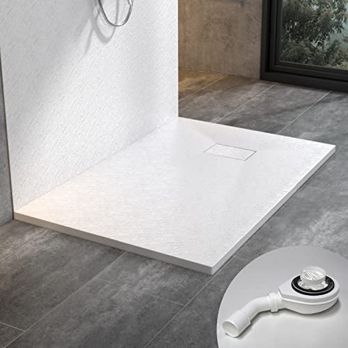 WITEN&NOCK Duschwanne 120x90 cm SMC Brausewanne Weiß Steinoptik Antirutsch Duschtasse Höhe 3,2 cm Niedrige Schwelle Extraflach Brausetasse und Ablaufgarnitur Ø 90 mm
