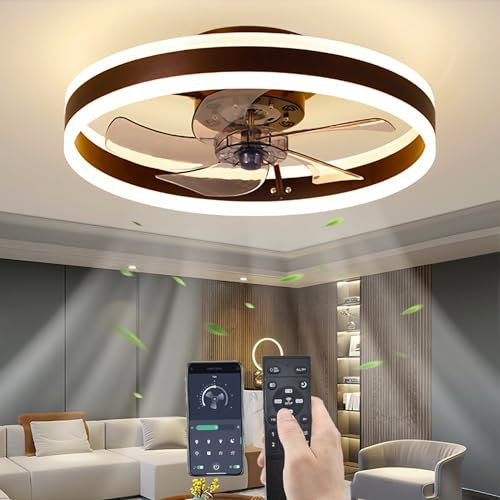 YUNZI Ventilador de techo con luz y control remoto LED 60W regulable Lámpara de techo Moderno Perfil bajo Ventiladores de techo por Sala de estar Dormitorio Encendiendo, 6 velocidades, Marrón, 50CM