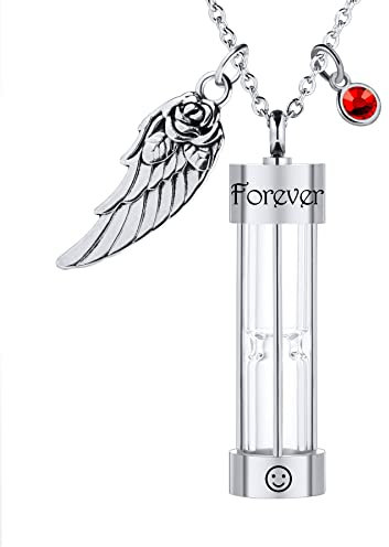 MeMeDIY Personalisierte Urne Herren Halskette für Asche Edelstahl Sanduhr Memorial Anhänger mit Engelsflügel Geburtsstein Anhänger Andenken-Silber