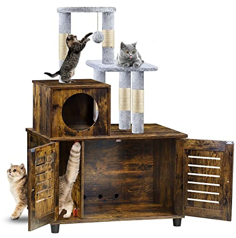 EasyCom Litter Box Enclosure, Hidden Cat Tree Tower Furniture for Indoor House, All-in-one Wooden Cat Litter Cabinet with Scratching Post and Condo, Rustic Brown