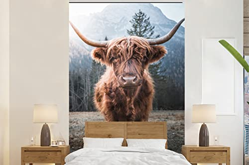 Selbstklebend Tapete Wandpapier Wandaufkleber Fototapete Tapeten Wanddeko 145x220 cm Schottischer Hochländer - Kuh - Tiere - Berg - Natur