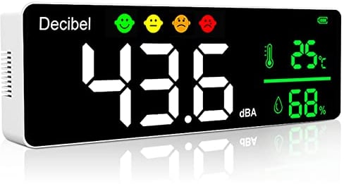 Digitaler Dezibelmessgerät, 3 In 1 Schallpegelmesser Wandbehang Schallpegelmessgerät mit Temperatur & Feuchtigkeits, 30~130dB, 11 Große LED Bildschirm, für Zuhause, Babyzimmer, Bibliothek