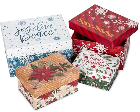 Oairse 4 Stück Geschenkboxen mit Deckeln, verschiedene Größen, ineinander stapelbare Geschenkbox, Weihnachtsgeschenke, Verpackungsboxen in 4 verschiedenen Designs, rechteckige Karton-Geschenkboxen für