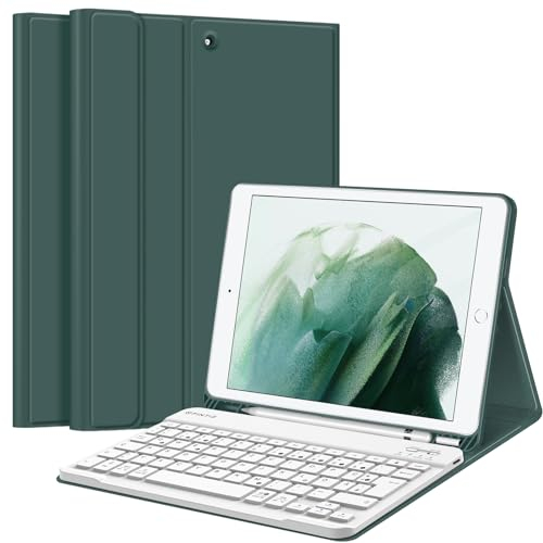 FINTIE Tastatur Hülle für iPad 10.2 Zoll (9/8/ 7 Generation - 2021/2020/2019), Schutzhülle mit TPU Rückschale, Pencil Halter und magnetisch Abnehmbarer Tastatur mit QWERTZ Layout, Nachtgrün