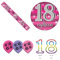 Age 18 Pink, Yellow And Silver Holographic Shiny Martini Glass 18th Birthday Party Kit Set (Foil Banner, Latex BalloonS, Giant Badge, Wax Candle)