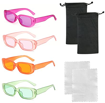 Occhiali con montatura quadrata 4 pezzi con panno per occhiali 2 pezzi, 2 borse per occhiali, occhiali da sole retrò, occhiali colorati alla moda, protezione UV, adatti per viaggi, vacanze al mare