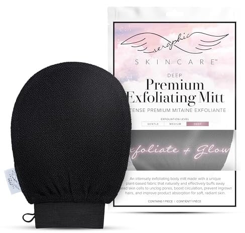 Seraphic Skincare Premium Exfoliating Glove (Deep) – Viscose Fiber Korean Exfoliating Mitt for Sensitive Skin – Body Scrubber, Dead Skin Remover for Body & Self Tanner Removal & Application