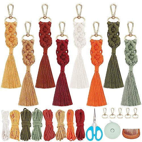 WEBEEDY 8 Sets Makramee Schlüsselanhänger Set DIY Makramee Herbstfarben Schlüsselanhänger Für Boho-Taschenanhänger Makramee Set Für Erwachsene, Anfänger Geschenke zu Weihnachten